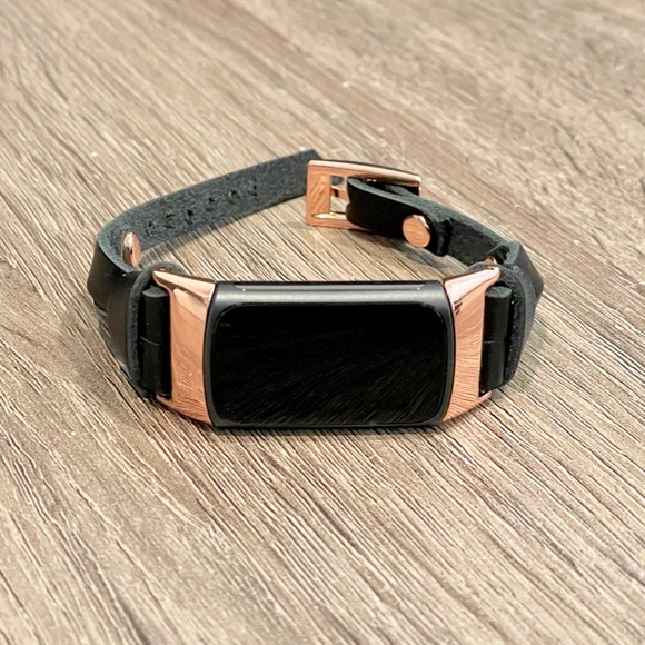 Black Leather Slim Strap Fitbit Charge 5 Band Rose Gold Jewelry Women Bracelet - Picture 7 of 8